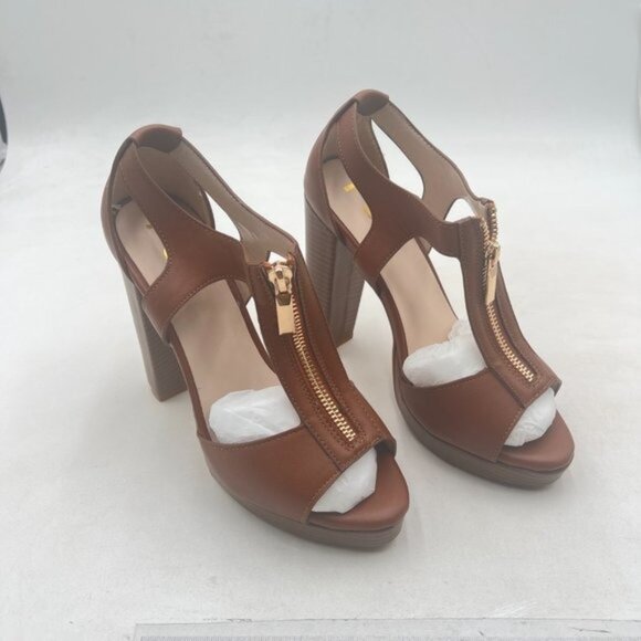 FSJ Brown Peep Open Toe T-Strap Front Zipper Chunky Stacked High Heel Sandal - Picture 4 of 8